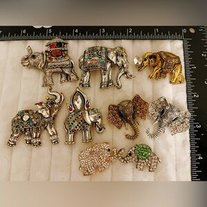 Lot 9 Vintage Style Elephant Brooches Rhinestone Gold Silver Tone Animal Pins